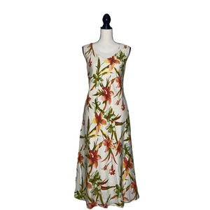 Papell Boutique Linen Tropical Dress Womens 8 Cream Orange Print Scoop Pleated